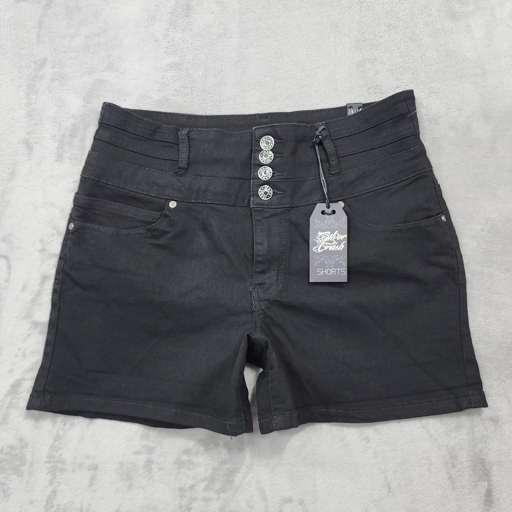 NEW Silver Crush Shorts Womens 13/14 Black High Waist Hot Pants Stretch Denim